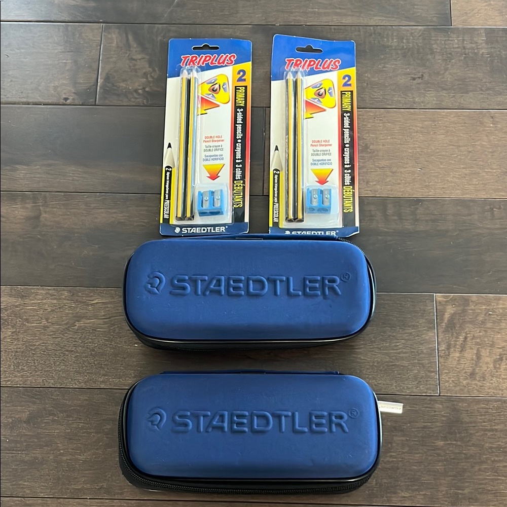 2 Staedtler Blue Pencil Cases and 2 Triplus Pencils Set